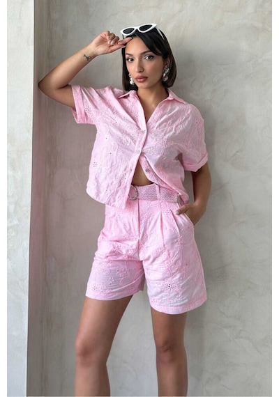 Verymoda Nakışlı Vual Şort D2821 Pembe