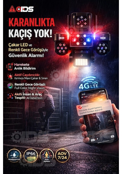 4 Lens 20mp 4g Güneş Enerjili Güvenlik Kamerası Sim Kartlı 128gb Sd Kart Ve 600gb İnternet