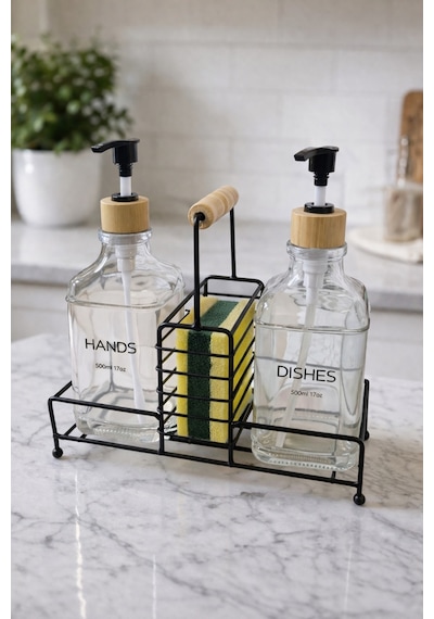 Makri Home Lüks Bambu Kulplu Siyah Metal Stantlı İkili Cam Sıvı Sabunluk 500 Ml, 23x9x23,5 Cm