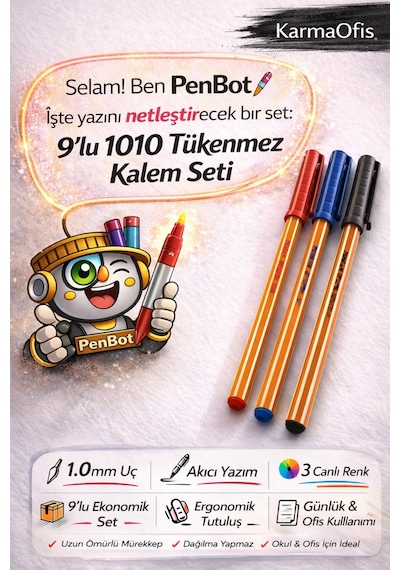 1010 Tükenmez Kalem Seti 1.0 Mm Mavi Kırmızı Siyah Uzun Ömürlü Ofis & Okul Kalemi 9 Lu Set Beyaz