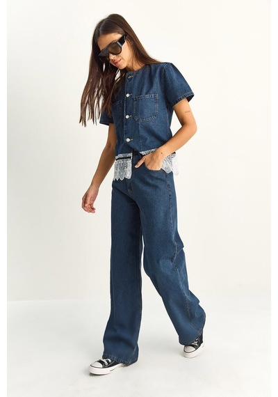 Kadın Dantel Detaylı Kısa Kollu Ceket Wide Leg Denim Pantolon Takım 8211 60286152 - Lacivert Kadın Dantel Detaylı Kısa Kollu Ceket Wide Leg Denim Pantolon Takım 8211 60286152 - Lacivert