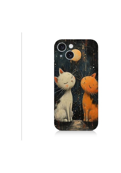 Apple Uyumlu iPhone 15 Ay Ve Kediler Desenli Silikon Kılıf Silikon