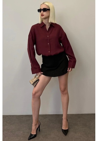 Madmext Bordo Uzun Kollu Oversize Gömlek Mg2003 Bordo