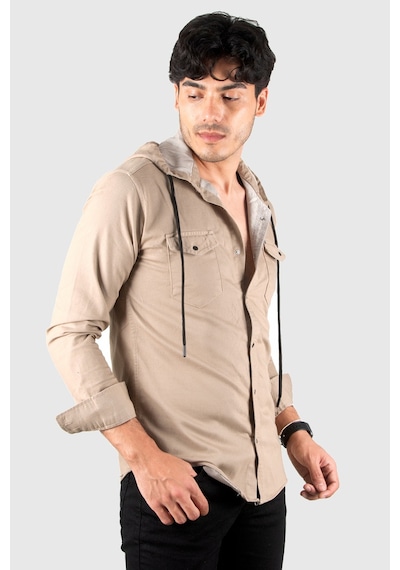 Rizzup Bej Kapüşonlu Likralı Kot Gömlek Slim Fit Çıt Çıt Kapamalı Erkek Gömlek 2300396