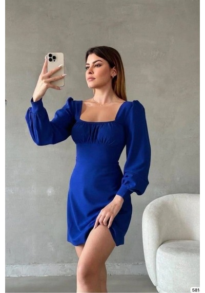 Emvera Kadın Krep Kumaş Kare Yaka Uzun Kollu Elbise Saks
