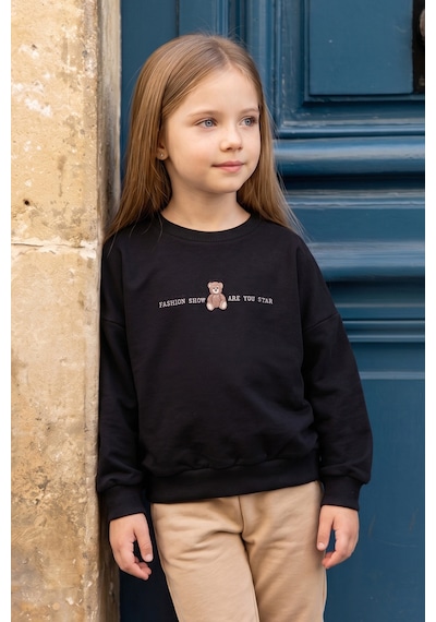 Fullamoda Ayıcık Baskılı Oversize Kız Çocuk Sweatshirt Siyah