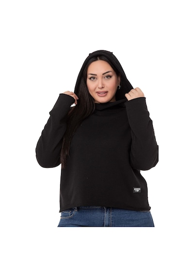 Büyük Beden Kapüşonlu Düşük Kollu Pis Dikişli Üç İplik Siyah Sweatshirt-siyah Siyah