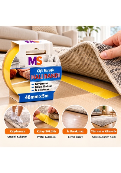 Premium Çift Taraflı Halı Bandı 48 Mm X 5 Metre Yapışkanlı Kaydırmaz Kaymaz Kilim Paspas Bantı