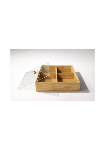 4 Bölmeli Ahşap Organizer,çerezlik,lokumluk,kahvaltılık,çay Poşeti,takı Kutusu,20x20 Cm,kulplu Kutu Bej