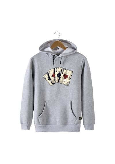 Unisex Gri Kapüşonlu Önü İskambil Kağıdı Baskılı Slim Fit Kanguru Cepli Sweatshirt Gri