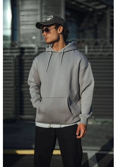 Zenna Tarz Üç İplik Penye Kapşonlu Basic Sweatshirt - Boyalı Gri