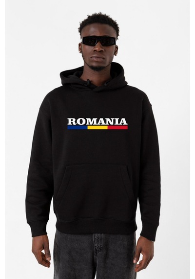 Romania Flag Lettern Siyah Erkek 3ip Kapşonlu Sweatshirt Siyah