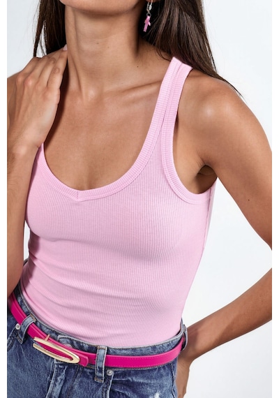 Hiccup Busem V Yaka Ribanalı Tank Top Toz Pembe