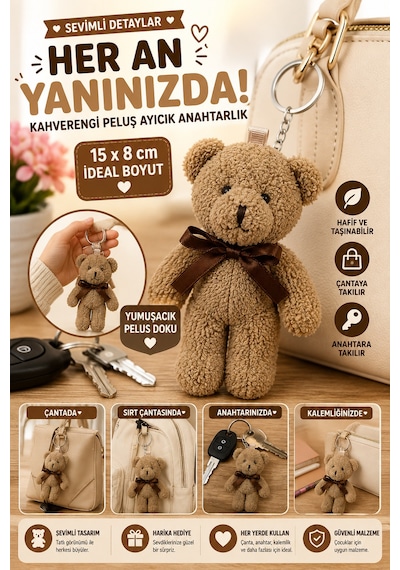 1 Adet Kahverengi Peluş Ayıcık Anahtarlık 15x8 Cm Çanta Sırt Çantası Anahtar Aksesuar Sevimli Fiyonk