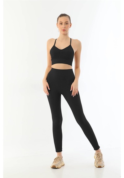 Siyah Mı Emay 3921 Soft Seamless Ripli Tayt Yoga Takımı SiYAH