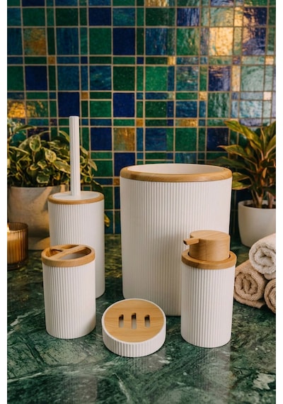 Makri Home Beyaz Bambu Desenli 5 Parça Banyo Seti, Şık Tasarımlı, Hacim: 6 Litre Ahşap - Beyaz