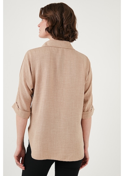Lela Oversize Fit Önü Kısa Arkası Uzun Truvakar Kol Bayan Gömlek 5866116 Bej