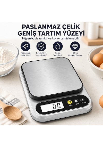 10 Kg Dijital Hassas Mutfak Tartısı - Lcd Ekranlı, Paslanmaz Çelik Tartım Yüzeyi, Dara Tare Fonksiyonlu, Gram & Ons Ölçüm, 2x Aaa Pilli Açık Gri