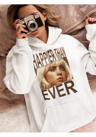 Sevbano Billie Eilish Happier Than Ever Baskılı Unisex Oversize Şarkıcı H beyaz