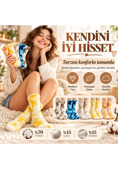 Teorastore Unisex Batik Spor Çorap 10'lu Set Tie Dye Tenis Çorabı Koyu Retro Renkler Günlük Rahat Konforlu Stil Çok Renkli