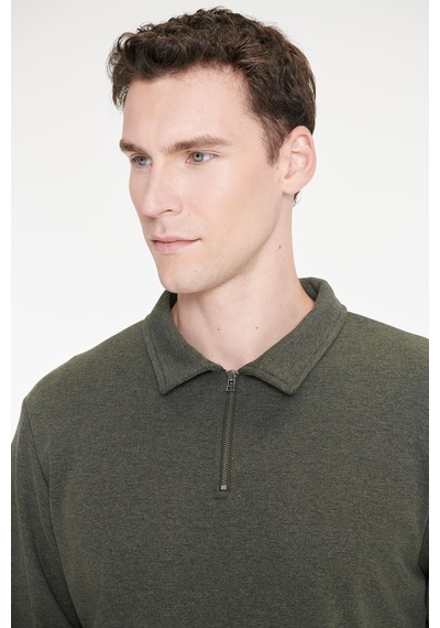 Ac&Co / Altınyıldız Classics Erkek Hakı Pamuklu Standart Fit Normal Kesim Polo Yaka Sweatshirt Haki