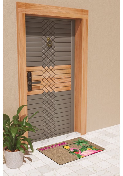 Rugmood Modern Dijtal Baskı Flamingo Welcome Kapı Önü Paspası Kahverengi