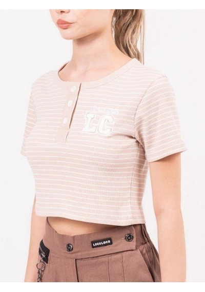 Zekids Kız Çocuk Lc Aplikeli Çizgili Crop T-shirt-13940 Bej