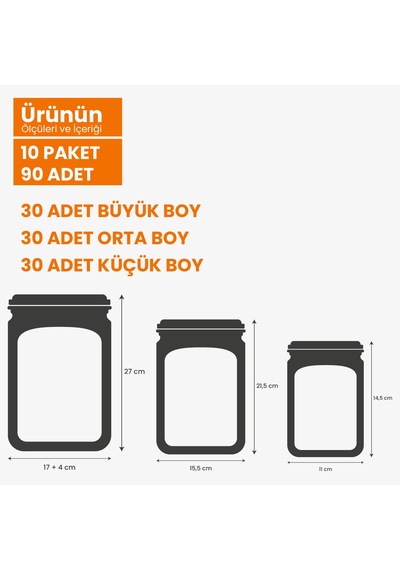 Klips Desenli Kavanoz Görünümlü Kilitli Doypack Saklama Poşeti 90 Adet 30 Büyük 1000ml 30 Orta 700ml 30 Küçük 200ml