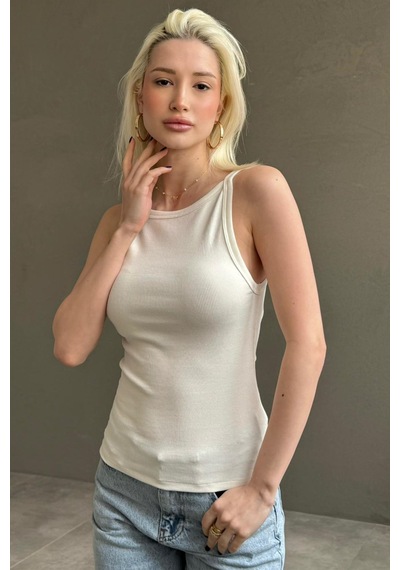 Madmext Beyaz Biyeli Vücudu Saran Fitilli Modern Kesim Atlet Mg2681 Beyaz