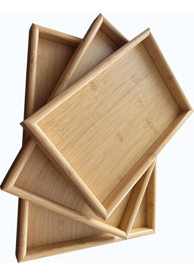 Doğal Bambu Sunum Tepsisi Seti, İç İçe Geçebilir Dikdörtgen Servis Tepsisi, 3'lü Set, 40x30, 35x25, 30x20 Cm Diğer