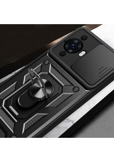 Huawei Nova 12s Kılıf Sürgülü Kamera Koruyucu Manyetik Standlı Tank Koruma Pazarplus Siyah