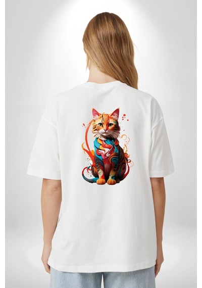 Renkli Yağlı Boya Kedi Beyaz Oversize Unisex Ön Ve Sırt Baskılı Tişört Beyaz