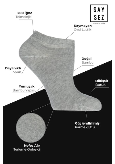 Saysez Bambu Kadın Patik Gri Melanj Çorap Dikişsiz Premium Kutulu 6'lı Gri Melanj