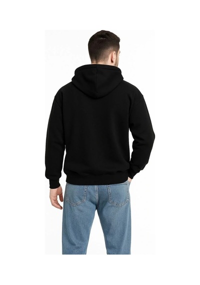 Erkek Kapüşonlu 3 İplik Şardonlu Önü Baskılı Fermuarlı Oversize Sweatshirt - Siyah Siyah