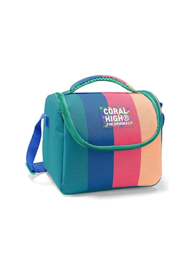Coral High İlkokul Kız Çocuk Okul Beslenme Çantası, Yeşil Mavi Pembe Renkli Çizgili, Termoslu Isı Yalıtımlı Çok Renkli