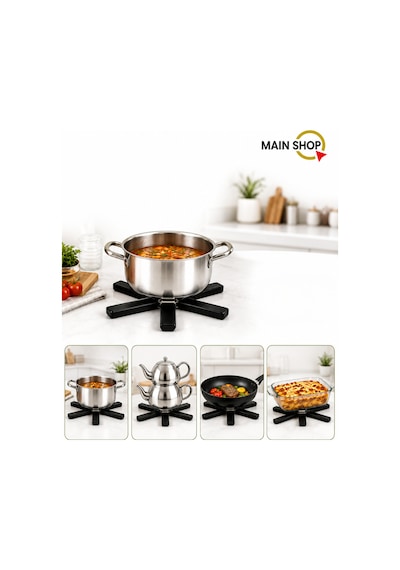 Mainshop 3'lü Set Katlanabilir Nihale - Isıya Dayanıklı Pratik Tencere Altlığı - Dirençli Siyah M-021