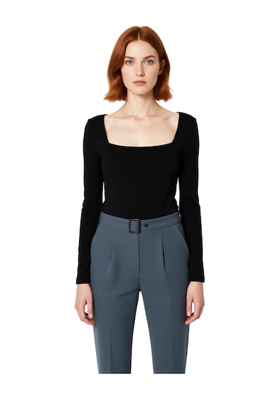 Ersefa Moda Kare Yaka Örme Slim Düz Desen Casual Günlük Regular Uzun Kol siyah