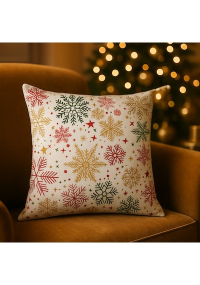 Krem Zeminli Yılbaşı Kırlent Kılıfı Çok Renkli Kar Tanesi Desenli 40 * 40
