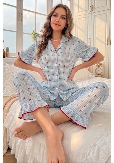 Bella Notte Mavi Soft Kiraz Desenli Kısa Kollu Yazlık Pijama Takımı