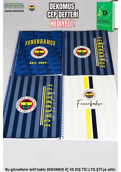"dekomus Cep Defteri Hediyeli" Lisanslı Fenerbahçe Spırallı 2 Adet Kareli Ve 2 Adet Çizgili A4 Karton Kapak 72 Yaprak Defter Seti Altın
