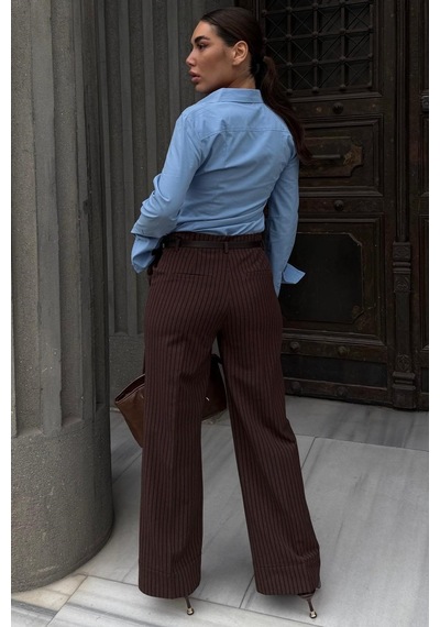 Madmext Kahverengi Çizgili Geniş Paça Normal Bel Kemerli Pantolon Mg2735 Kahverengi