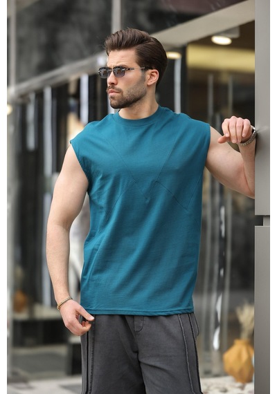 Madmext Petrol Mavisi Kolsuz %100 Pamuklu Basic Erkek T-shirt E7137 Petrol Mavisi