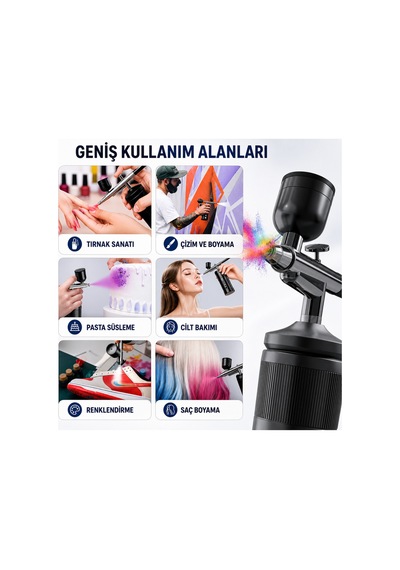 Şarjlı Airbrush Boya Tabancası Seti Kompresörlü Tırnak Sanatı, Hobi Boyama, Pasta Süs, Nemlendirici - 896855164