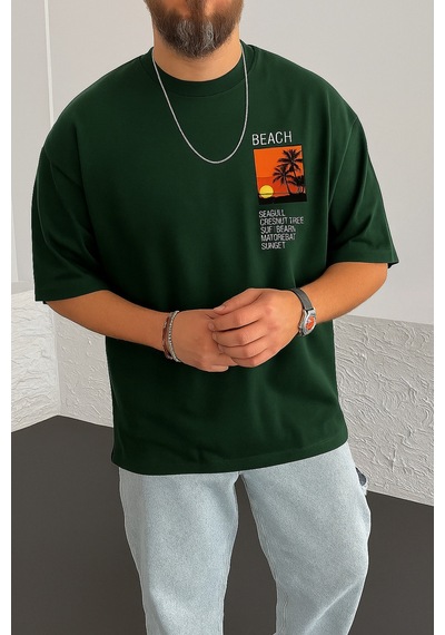 Beach Baskılı Oversize Unisex Tişört Yeşil