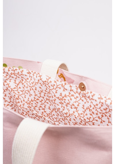 Fabric Craft Bag Omuz Çanta Desenli Keten Pembe - Yeşil