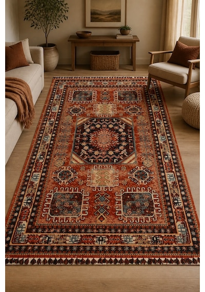 Narhan Kiremit Oturma Odası Salon Robot Süpürge Uyumlu Kolay Temizlenebilir Nostaljik Kilim Hali
