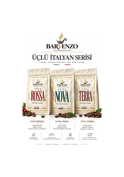 Barvenzo Üçlü İtalyan Serisi 250 G 3 Viva Rossa + Luna Nova + Viva Terra Moka Pot