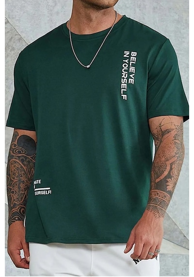 Erkek Belive İn Yourself Baskılı Oversize Tshirt Yeşil