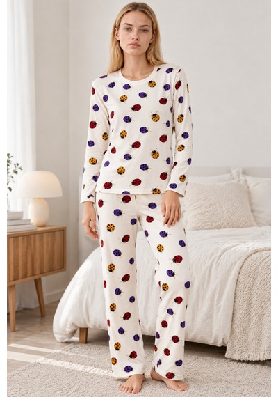 Kadın Desenli İkili Beyaz Rahat Pijama Takımı 4829
