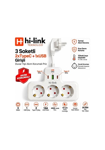Hi-link 3 Soketli 2xtypec+1xusb Girişli Termal Akım Korumalı Priz - Beyaz 0.25 CM